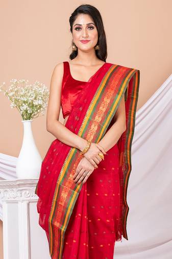 Red & Multi Ethnic Motifs woven design pure coton traditional taant saree without blouse