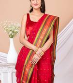 Red & Multi Ethnic Motifs woven design pure coton traditional taant saree without blouse