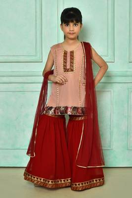Pink embroidered net straight cut kids salwar suits 1