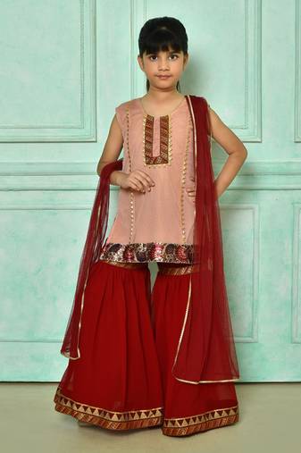Pink embroidered net straight cut kids salwar suits