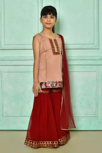 Pink embroidered net straight cut kids salwar suits