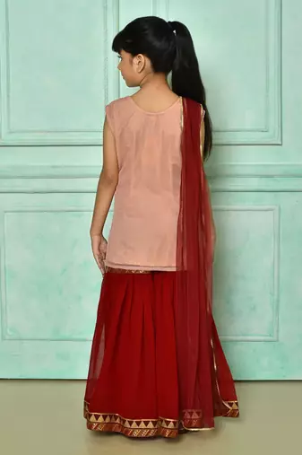 Pink embroidered net straight cut kids salwar suits
