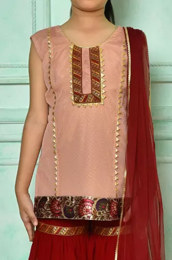 Pink embroidered net straight cut kids salwar suits