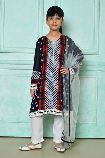 Blue embroidered faux georgette straight cut kids salwar suits