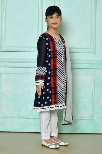 Blue embroidered faux georgette straight cut kids salwar suits