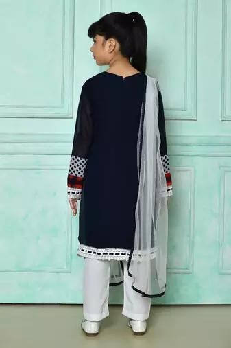 Blue embroidered faux georgette straight cut kids salwar suits
