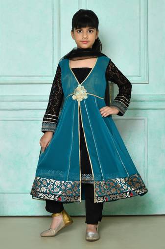 Green embroidered faux georgette a line kids salwar suits