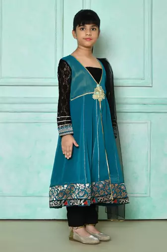Green embroidered faux georgette a line kids salwar suits