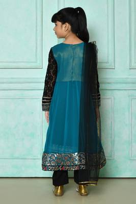 Green embroidered faux georgette a line kids salwar suits 3