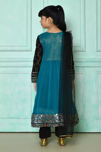 Green embroidered faux georgette a line kids salwar suits