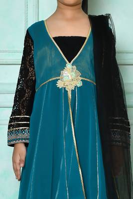 Green embroidered faux georgette a line kids salwar suits 4