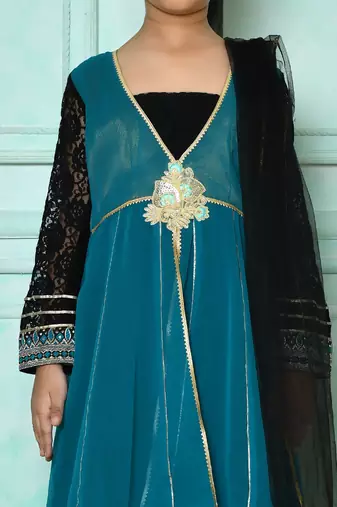 Green embroidered faux georgette a line kids salwar suits