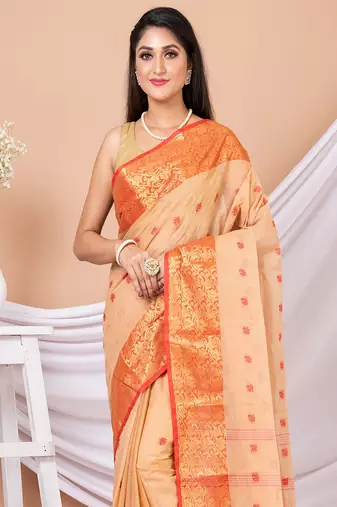 Beige & Red Floral woven design pure coton traditional taant saree without blouse