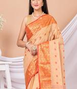 Beige & Red Floral woven design pure coton traditional taant saree without blouse