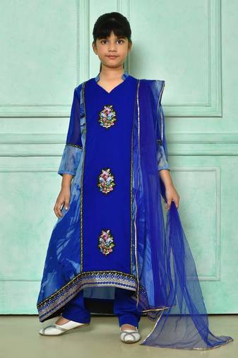 Blue embroidered faux georgette asymmetrical kids salwar suits