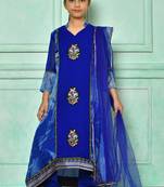 Blue embroidered faux georgette asymmetrical kids salwar suits