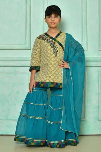 Beige embroidered banarasi silk straight cut kids salwar suits