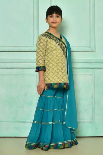 Beige embroidered banarasi silk straight cut kids salwar suits