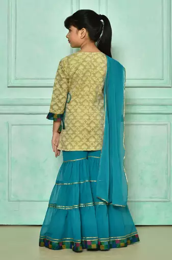 Beige embroidered banarasi silk straight cut kids salwar suits