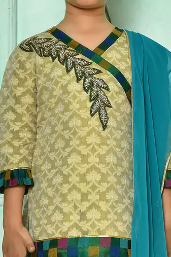 Beige embroidered banarasi silk straight cut kids salwar suits
