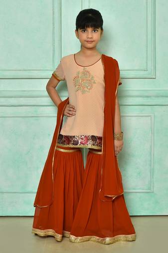 Pink embroidered net straight cut kids salwar suits