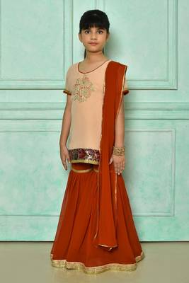 Pink embroidered net straight cut kids salwar suits 2