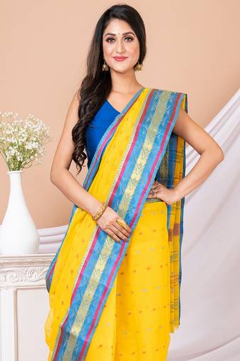 Yellow & Blue Ethnic Motifs Pure Coton Traditional Taant Saree Without Blouse