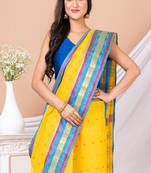 Yellow & Blue Ethnic Motifs Pure Coton Traditional Taant Saree Without Blouse