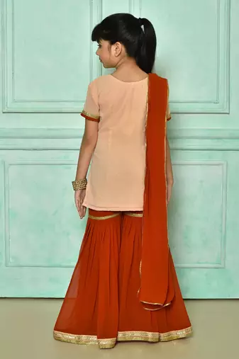 Pink embroidered net straight cut kids salwar suits