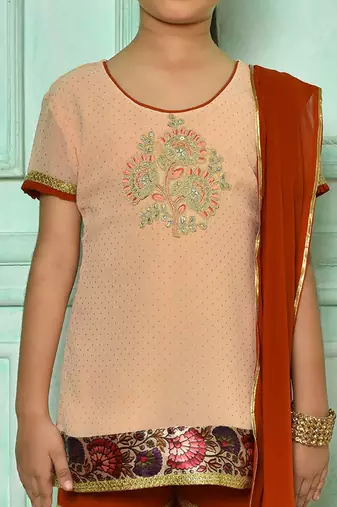 Pink embroidered net straight cut kids salwar suits