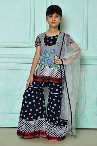 Grey embroidered faux georgette straight cut kids salwar suits