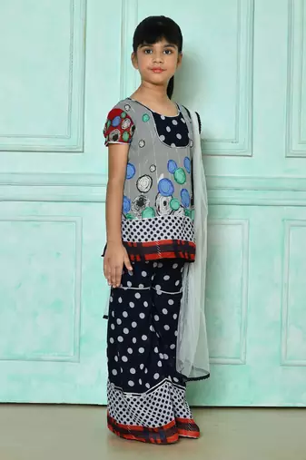 Grey embroidered faux georgette straight cut kids salwar suits
