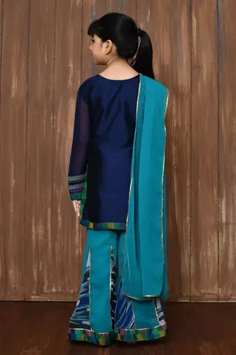 Blue embroidered taffeta straight cut kids salwar suits