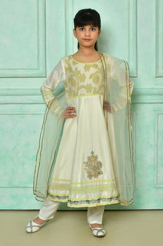White embroidered cotton a line kids salwar suits