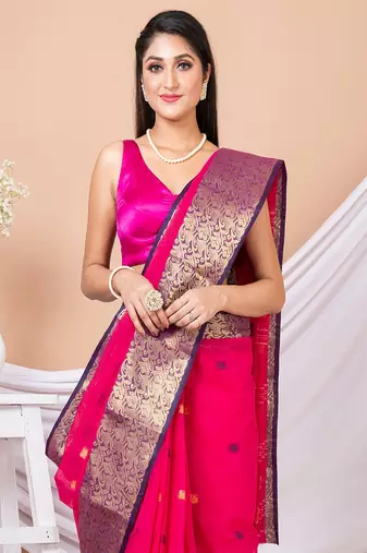 Pink & Multi Floral woven design pure coton traditional taant saree without blouse