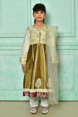 Brown embroidered banarasi silk a line kids salwar suits 1