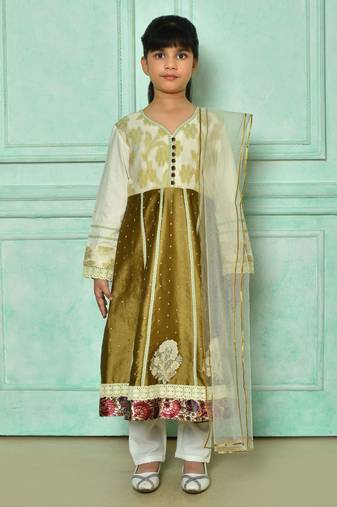 Brown embroidered banarasi silk a line kids salwar suits
