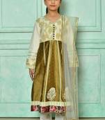 Brown embroidered banarasi silk a line kids salwar suits