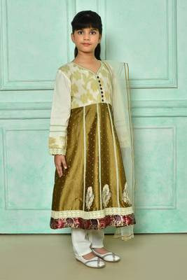 Brown embroidered banarasi silk a line kids salwar suits 2