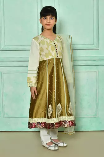 Brown embroidered banarasi silk a line kids salwar suits