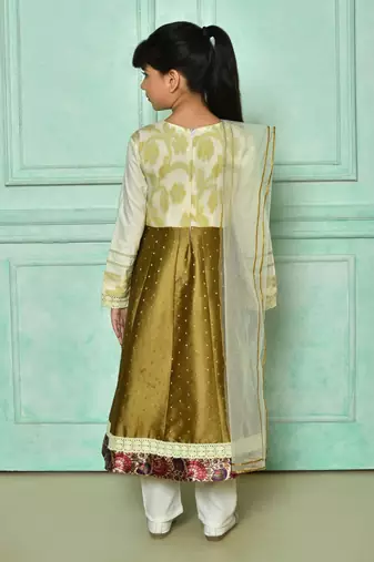 Brown embroidered banarasi silk a line kids salwar suits