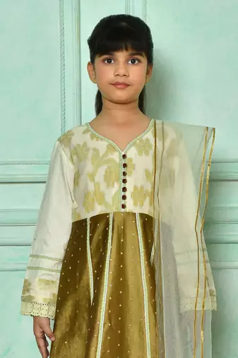 Brown embroidered banarasi silk a line kids salwar suits