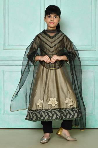 Brown embroidered cotton silk a line kids salwar suits