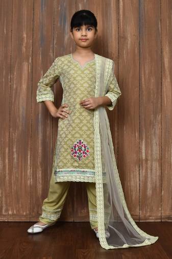 Beige embroidered banarasi silk straight cut kids salwar suits