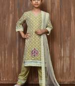 Beige embroidered banarasi silk straight cut kids salwar suits