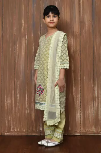 Beige embroidered banarasi silk straight cut kids salwar suits