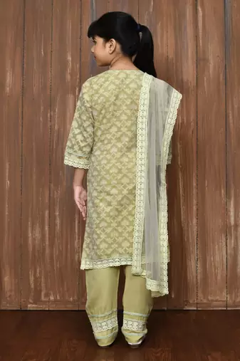 Beige embroidered banarasi silk straight cut kids salwar suits