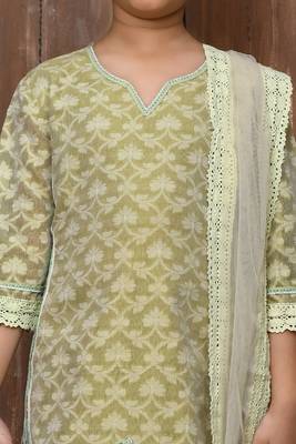 Beige embroidered banarasi silk straight cut kids salwar suits 4