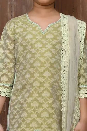 Beige embroidered banarasi silk straight cut kids salwar suits