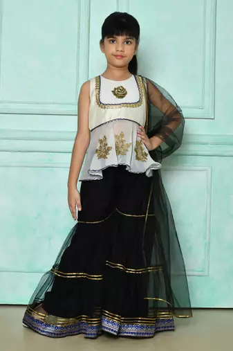 White embroidered art silk a line kids salwar suits
